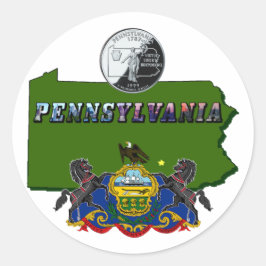 Pennsylvania-Karte, Quarter, Flag und Bildtext Runder Aufkleber