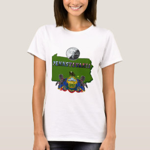 Pennsylvania-Karte, Quarter, Flag und Bildtext T-Shirt