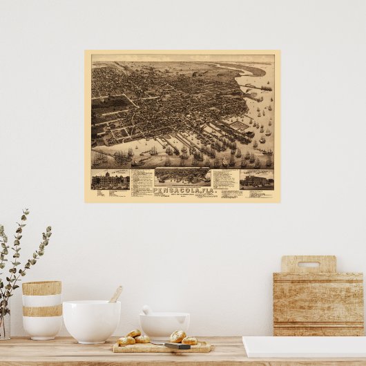 Pensacola, FL Panoramic Map - 1885 Poster (Küche)