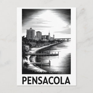 Pensacola Florida Skyline Schwarz Weiß Holzschnitt Feiertagspostkarte