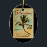 Pensacola Palm Tree Keramik Ornament<br><div class="desc">Ein einzigartiges Retro Mitte des Jahrhunderts moderne Pensacola Florida Kunstdrucke im Vintage Reiseplakatstil. Es verfügt über eine geschwungene Palme am Sandstrand mit Ozean unter einem blauen bewölkten Himmel.</div>