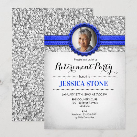 Pensionierung mit Foto - Royal Blue Silver Einladung (Vorne/Hinten)