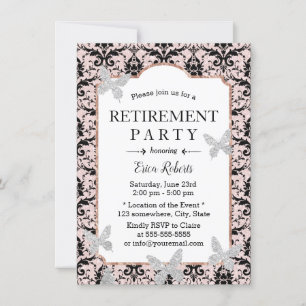 PensionsDamask Blush Pink Glitzern Butterfly Einladung