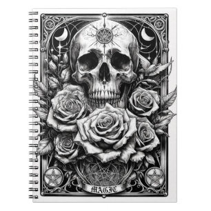 Pentacle-Skelett-Totenkopf & Rosen Tarot Kunst Notizblock