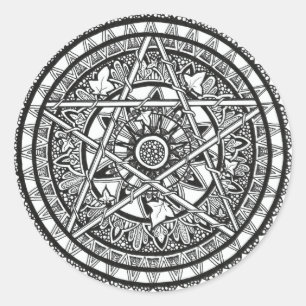 Pentagramm Mandala-Design aus schwarz-weißem Efeu Runder Aufkleber