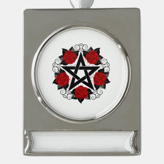 Pentagramm mit Rote Rosen Banner-Ornament Silber (Vorderseite)