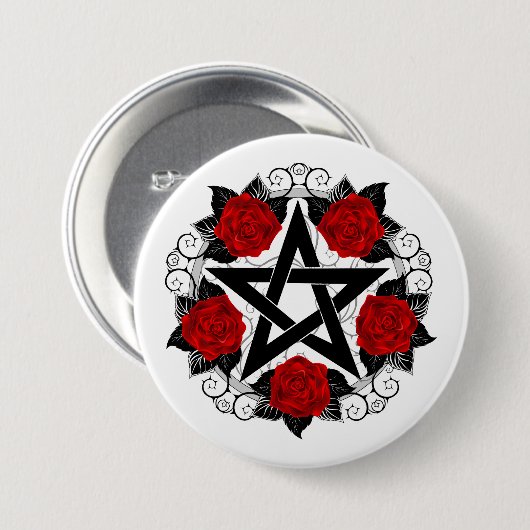 Pentagramm mit Rote Rosen Button (Vorne & Hinten)