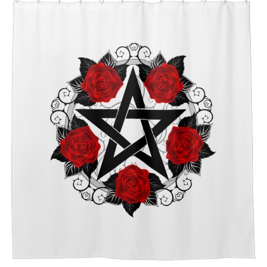 Pentagramm mit Rote Rosen Duschvorhang (Vorderseite)