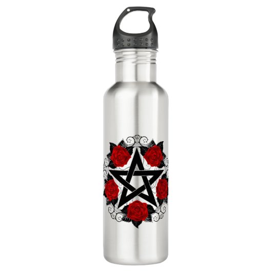 Pentagramm mit Rote Rosen Edelstahlflasche (Vorderseite)