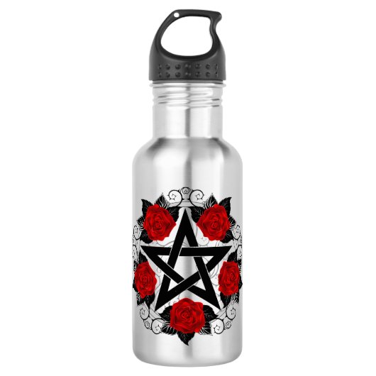 Pentagramm mit Rote Rosen Edelstahlflasche (Vorderseite)