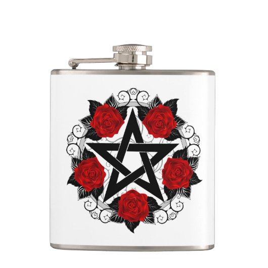 Pentagramm mit Rote Rosen Flachmann (Vorderseite)