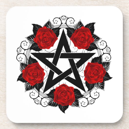 Pentagramm mit Rote Rosen Getränkeuntersetzer (Vorderseite)