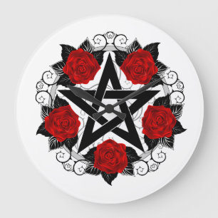 Pentagramm mit Rote Rosen Große Wanduhr