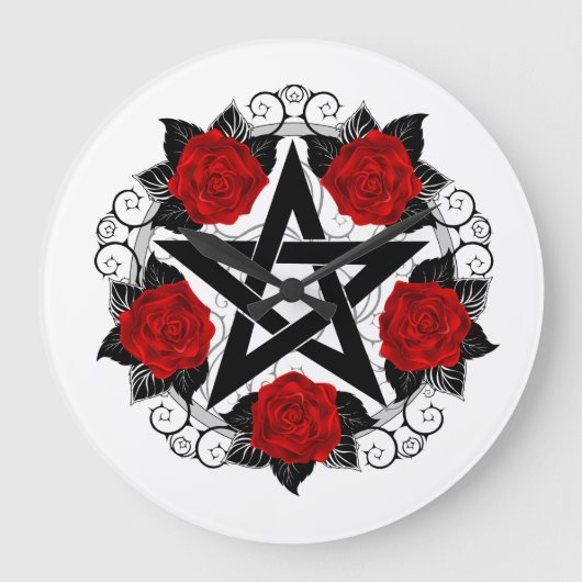 Pentagramm mit Rote Rosen Große Wanduhr (Vorderseite)