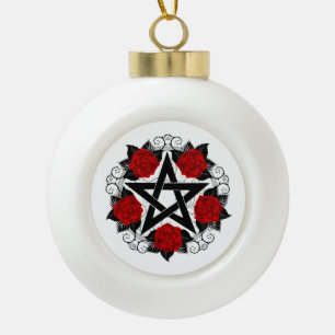 Pentagramm mit Rote Rosen Keramik Kugel-Ornament