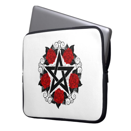 Pentagramm mit Rote Rosen Laptopschutzhülle (Vorderseite Links)