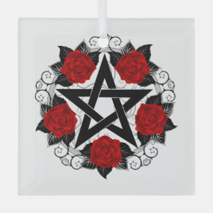 Pentagramm mit Rote Rosen Ornament Aus Glas