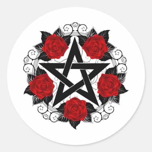 Pentagramm mit Rote Rosen Runder Aufkleber (Vorderseite)