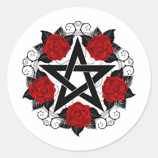 Pentagramm mit Rote Rosen Runder Aufkleber (Vorderseite)