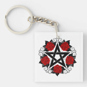 Pentagramm mit Rote Rosen Schlüsselanhänger