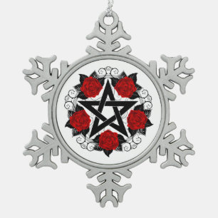 Pentagramm mit Rote Rosen Schneeflocken Zinn-Ornament
