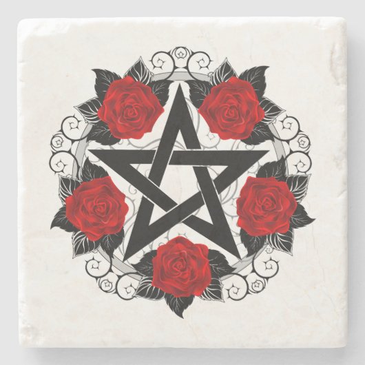 Pentagramm mit Rote Rosen Steinuntersetzer (Vorderseite)