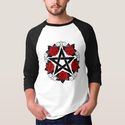 Pentagramm mit Rote Rosen T-Shirt (Vorderseite)
