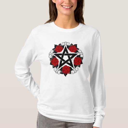 Pentagramm mit Rote Rosen T-Shirt (Vorderseite)