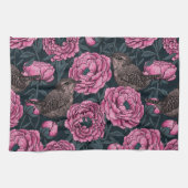 Peonies and wrens on dark gray geschirrtuch (Horizontal)