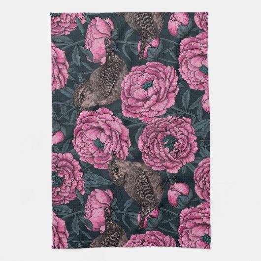 Peonies and wrens on dark gray geschirrtuch (Vertikal)