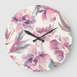 Peonies Aquarell: nahtlos blühender Hintergrund. Große Wanduhr