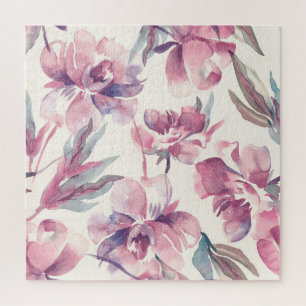 Peonies Aquarell: nahtlos blühender Hintergrund. Puzzle