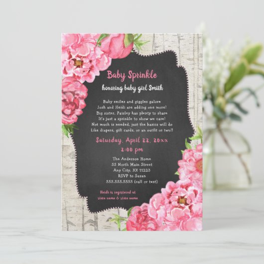 Peonies + Birch Baby-Sprinkle + Windelraffinerie Einladung (Stehend Vorderseite)