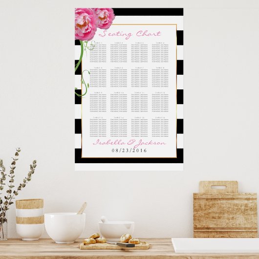 Peonies-Blume auf Black & White -16 Seating Chart Poster (Küche)