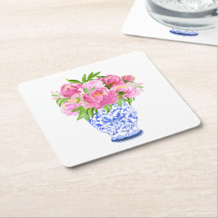 Peonies Chinoiserie Vase Rechteckiger Pappuntersetzer