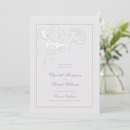 Peonies Elfenbeinformal Eleganter klassischer Rahm Save The Date (Stehend Vorderseite)