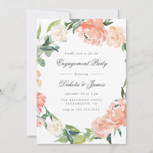 Peonies & Eukalyptus Greenerity Engagement Party Einladung (Vorderseite)