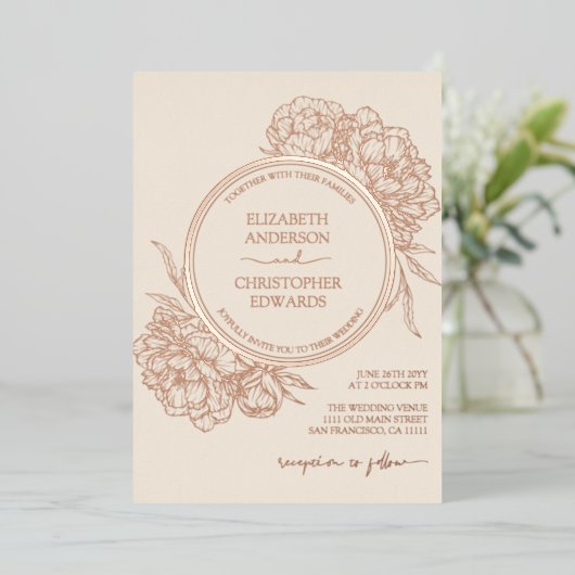 Peonies Floral Elegante Real Rose Hochzeit Folieneinladung (Stehend vorne)