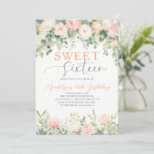Peonies Floral Peach Pink Script Elegant Sweet 16 Einladung (Stehend Vorderseite)