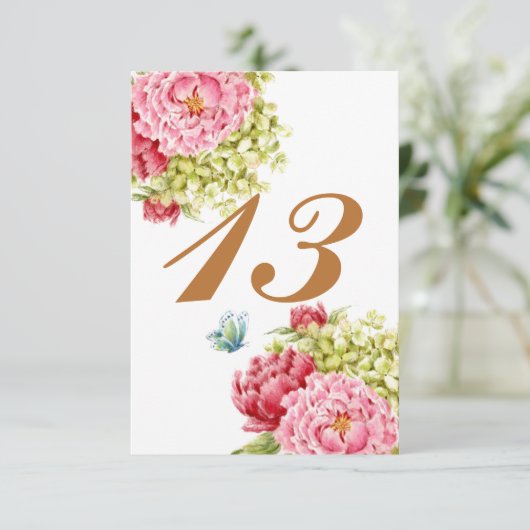 Peonies Hydrangea Table Card No. 13 RSVP Karte (Stehend Vorderseite)