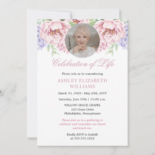 Peonies | Hydrangeas Floral Celebration of Life Einladung (Vorderseite)