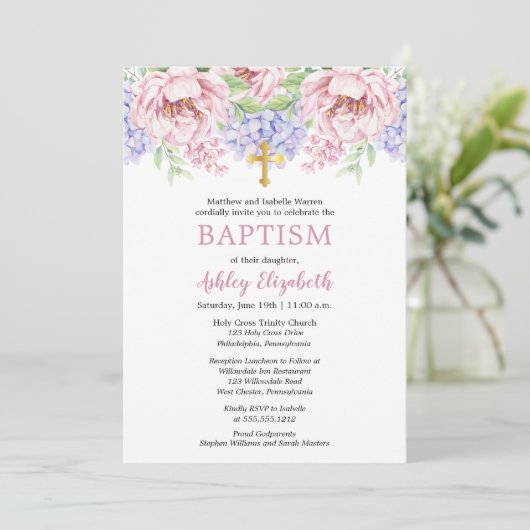 Peonies | Hydrangeas Wasserfarbenflorale Taufe Einladung (Stehend Vorderseite)