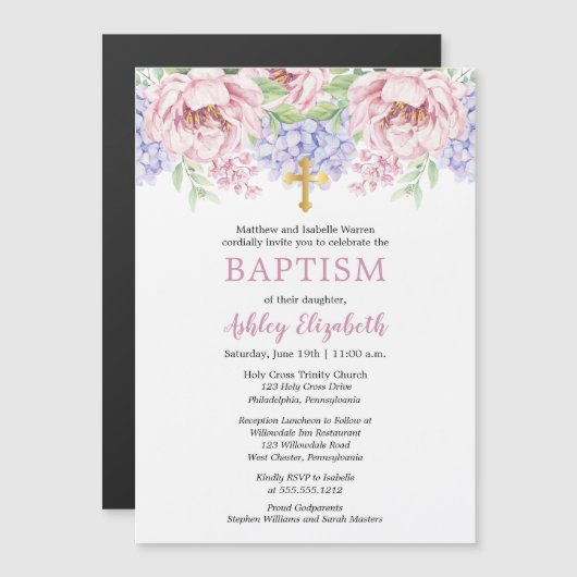 Peonies | Hydrangeas Wasserfarbenflorale Taufe Magneteinladung (Vorne/Hinten)