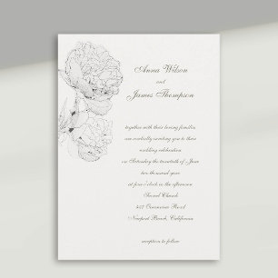 Peonies Ink Ivory White Formal Calligraphy Wedding Einladung