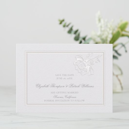 Peonies Ivory Classic Rahmen Formal Elegante Hochz Save The Date (Stehend Vorderseite)