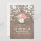 Peonies Mason Jar Lace und Burlap-Brautparty Einladung (Vorderseite)