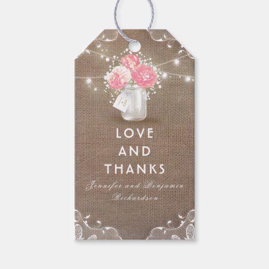 Peonies Mason Jar Rustic Burlap Wedding Geschenkanhänger (Vorderseite)