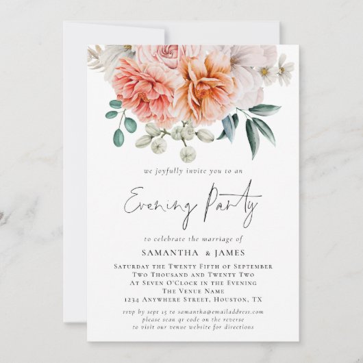 Peonies Peach Koral Qr Code Hochzeiten Abend Party Einladung (Vorderseite)