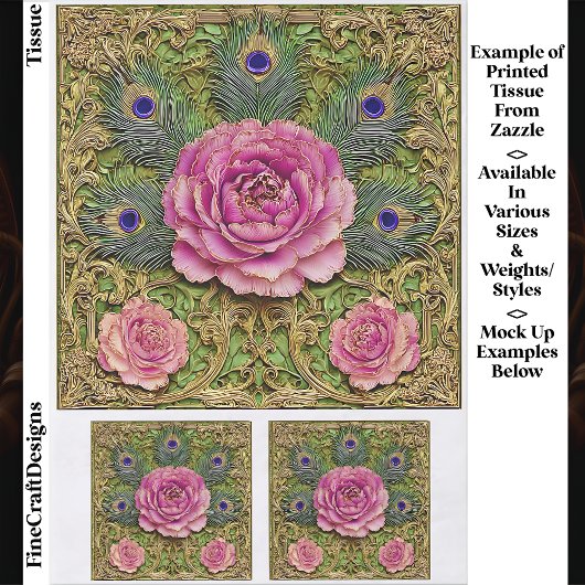 Peonies & Peacock Feathers Panel EH7 Decoupage Seidenpapier