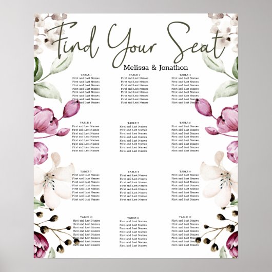 Peonies Pink Burgundy Bloral Hochzeitstabelle Poster (Vorne)